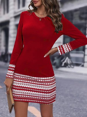 Passense Kadın Uzun Kollu Bisiklet Yaka Kol Ağzı ve Etek Ucu Baskılı Iki Iplik Elbise