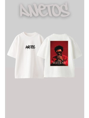 Anetos The Weeknd Tasarım Sırt Baskılı Pamuk Beyaz Oversize T-Shirt