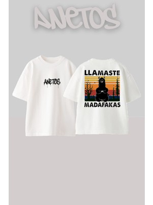 Anetos Llamaste Madafakas Tasarım Sırt Baskılı Pamuk Beyaz Oversize T-Shirt