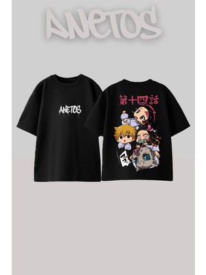 Anetos Baby Demon Slayer Karakter Tasarım Sırt Baskılı Pamuk Siyah Oversize T-Shirt
