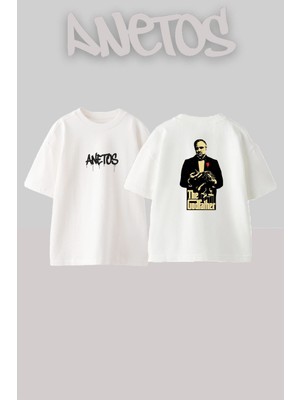 Anetos The Godfather Tasarım Sırt Baskılı Pamuk Beyaz Oversize T-Shirt