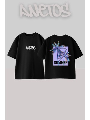 Anetos Summer Tasarım Sırt Baskılı Pamuk Siyah Oversize T-Shirt