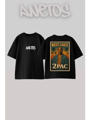 Anetos 2 Pac 3 Tasarım Sırt Baskılı Pamuk Siyah Oversize T-Shirt