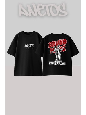 Anetos Bruno Mars 4 Tasarım Sırt Baskılı Pamuk Siyah Oversize T-Shirt