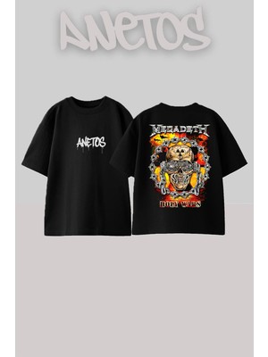 Anetos Megadeth 5 Tasarım Sırt Baskılı Pamuk Siyah Oversize T-Shirt