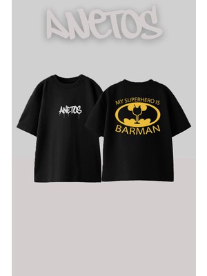 Anetos Barman Tasarım Sırt Baskılı Pamuk Siyah Oversize T-Shirt