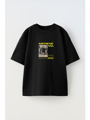 Anetos Artistic Cccön Baskılı Pamuk Siyah Oversize T Shirt