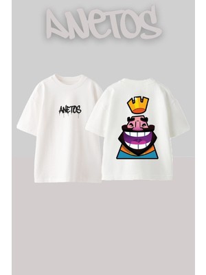 Anetos Kral Tasarım Sırt Baskılı Pamuk Beyaz Oversize T-Shirt