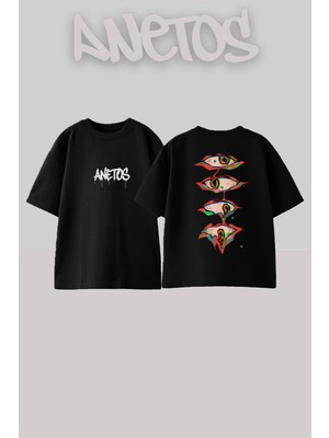 Anetos Red Eyes Tasarım Sırt Baskılı Pamuk Siyah Oversize T-Shirt