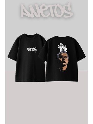 Anetos Jose Mourinho The Special Tasarım Sırt Baskılı Pamuk Siyah Oversize T-Shirt