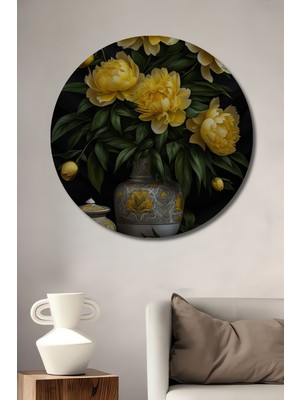 Teona Ahşap Dekoratif Ahşap Yuvarlak Tablo Sarı Şakayıklar Vazoda