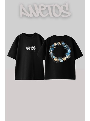 Anetos Denız Kabugu Tacı Tasarım Sırt Baskılı Pamuk Siyah Oversize T-Shirt