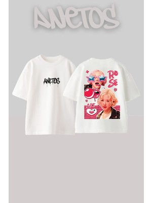 Anetos Blackpink Rose 7 Tasarım Sırt Baskılı Pamuk Beyaz Oversize T-Shirt
