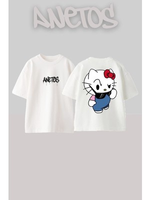 Anetos Hello Kitty Sus Reaction Tasarım Sırt Baskılı Pamuk Beyaz Oversize T-Shirt