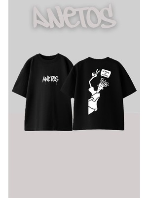 Anetos Normal Is Borıng Tasarım Sırt Baskılı Pamuk Siyah Oversize T-Shirt
