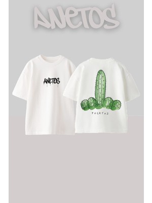 Anetos Fucktus Tasarım Sırt Baskılı Pamuk Beyaz Oversize T-Shirt