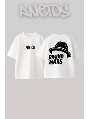 Anetos Bruno Mars 2 Tasarım Sırt Baskılı Pamuk Beyaz Oversize T-Shirt