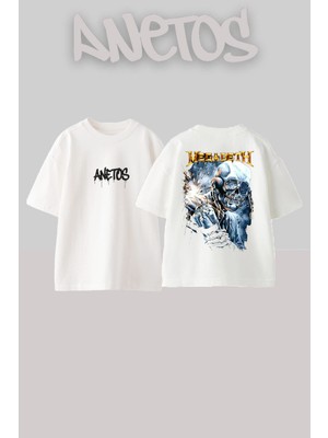 Anetos Megadeth 4 Tasarım Sırt Baskılı Pamuk Beyaz Oversize T-Shirt