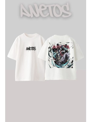 Anetos Demon Slayer 18 Tasarım Sırt Baskılı Pamuk Beyaz Oversize T-Shirt