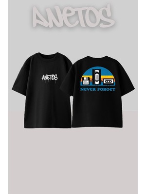 Anetos Never Forget Tasarım Sırt Baskılı Pamuk Siyah Oversize T-Shirt