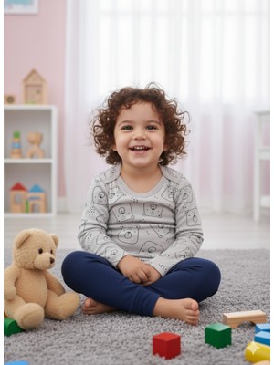Şimo Butik Kız Erkek Çocuk Bebek Uzun Kollu Çıtçıtlı Body-Badi %100 Pamuk 3.5-4-5-6 Yaş Kare Kafa Ayı Haki