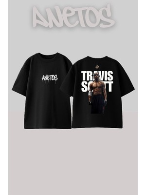 Anetos Travis Scott 6 Tasarım Sırt Baskılı Pamuk Siyah Oversize T-Shir