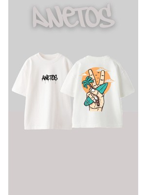 Anetos Two Tasarım Sırt Baskılı Pamuk Beyaz Oversize T-Shirt