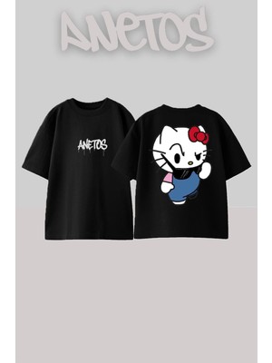 Anetos Hello Kitty Sus Reaction Tasarım Sırt Baskılı Pamuk Siyah Oversize T-Shirt