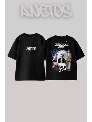 Anetos Jungkook Tasarım Sırt Baskılı Pamuk Siyah Oversize T-Shirt