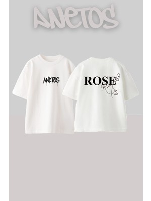 Anetos Blackpink Rose 2 Tasarım Sırt Baskılı Pamuk Beyaz Oversize T-Shirt
