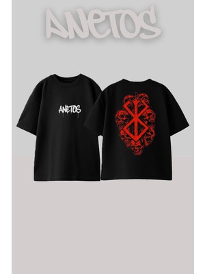 Anetos Berserk 12 Tasarım Sırt Baskılı Pamuk Siyah Oversize T-Shirt