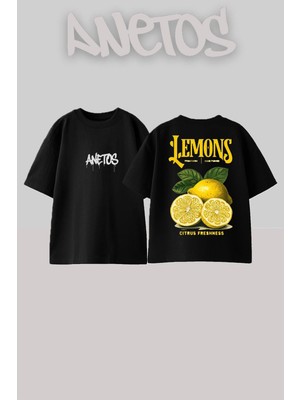 Anetos Lemons Tasarım Sırt Baskılı Pamuk Siyah Oversize T-Shirt