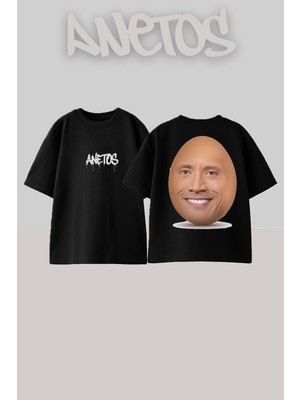 Anetos Egg Face Tasarım Sırt Baskılı Pamuk Siyah Oversize T-Shirt