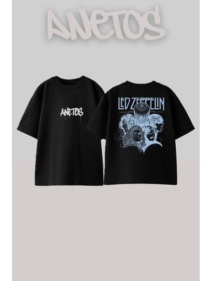 Anetos LED Zeppelin 1 Tasarım Sırt Baskılı Pamuk Siyah Oversize T-Shirt