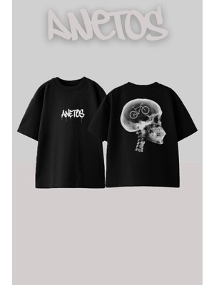 Anetos Ride 5 Tasarım Sırt Baskılı Pamuk Siyah Oversize T-Shirt