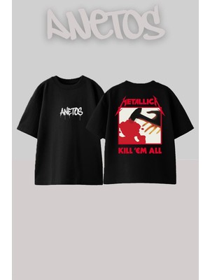 Anetos Metallica 4 Tasarım Sırt Baskılı Pamuk Siyah Oversize T-Shirt