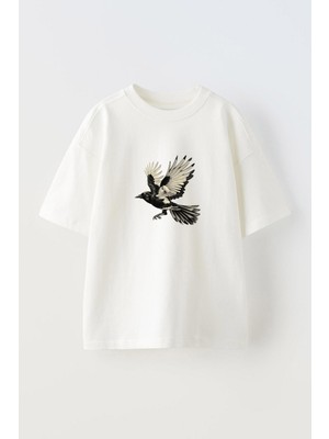 Anetos Magpie Ön Baskılı Pamuk Beyaz Oversize T Shirt