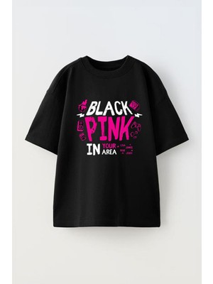 Anetos Black Pink 4 Baskılı Ünisex Pamuk Siyah Oversize T Shirt