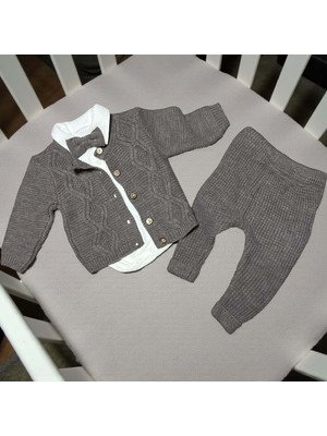 Gömlek Yaka Bodyli Papyonlu Baklava Örgülü Triko Üçlü Alt Üst Takım - ANG2424-KAHVERENGI-3 - 6 Ay Kahverengi