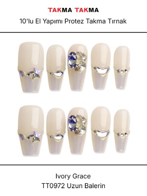 Takma Takma 10'lu Ten Rengi  Uzun Balerin TT0972 Tekrar Kullanılabilir El Yapımı Protez Takma Tırnak - Ten Rengi-L