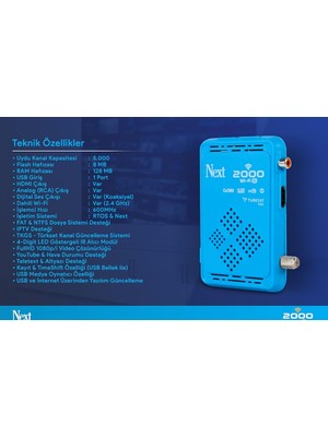 Next 2000 Wifi S Mini Uydu Alıcı Full HD Görüntü Kalitesi ile Wi-Fi Bağlantı Özellikli