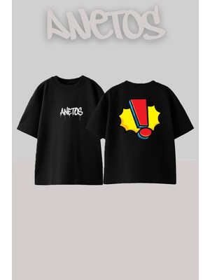 Anetos Ünlem Tasarım Sırt Baskılı Pamuk Siyah Oversize T-Shirt