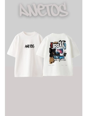 Anetos Urban 1 Tasarım Sırt Baskılı Pamuk Beyaz Oversize T-Shirt