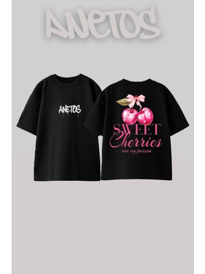 Anetos Sweet Cherries Tasarım Sırt Baskılı Pamuk Siyah Oversize T-Shirt