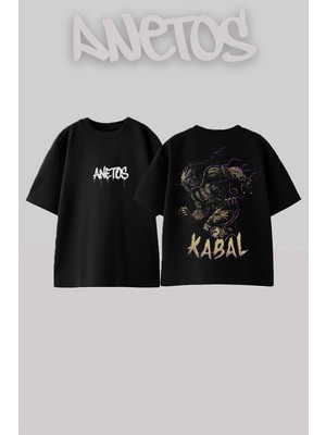 Anetos Kabal Tasarım Sırt Baskılı Pamuk Siyah Oversize T-Shirt