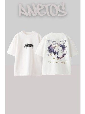 Anetos Dıracle Tasarım Sırt Baskılı Pamuk Beyaz Oversize T-Shirt