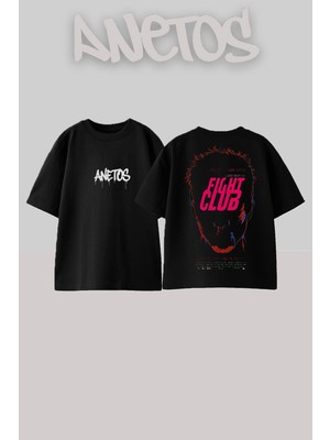 Anetos Fight Club 2 Tasarım Sırt Baskılı Pamuk Siyah Oversize T-Shirt
