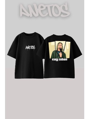 Anetos Kurt Cobaın Gta Tasarım Sırt Baskılı Pamuk Siyah Oversize T-Shirt