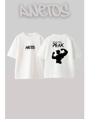 Anetos Reach Your Peak Tasarım Sırt Baskılı Pamuk Beyaz Oversize T-Shirt