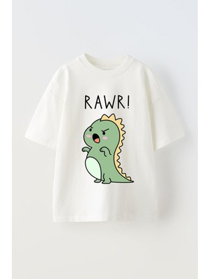 Anetos Rawr Dino Baskılı Ünisex Pamuk Beyaz Oversize T Shirt